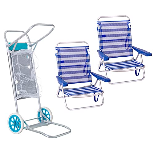 pack de 2 sillas de playa azul y blanco de aluminio y textileno y carro