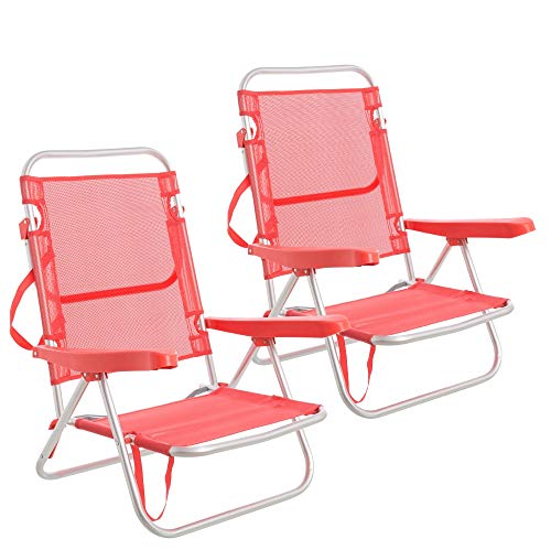 pack de 2 sillas de playa convertibles en cama de aluminio y textileno coral