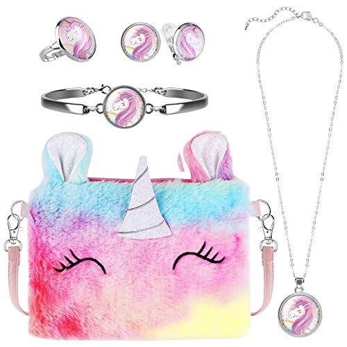 hifot peluche unicornio bolso bandolera nia joyas set unicorn collar