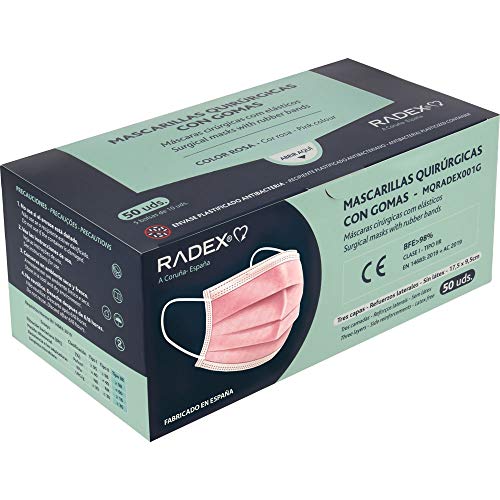 radex 85005053 caja de 50 mascarillas quirrgicas tipo iir con gomas rosa