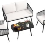 COSTWAY Outdoor Garden Set of 4 Pieces, PE Rope Fabric, 2 Seater Sofa and 2 Chairs with Cushions, Tempered Glass Coffee Table, Outdoor Balcony Terrace Table and Chairs