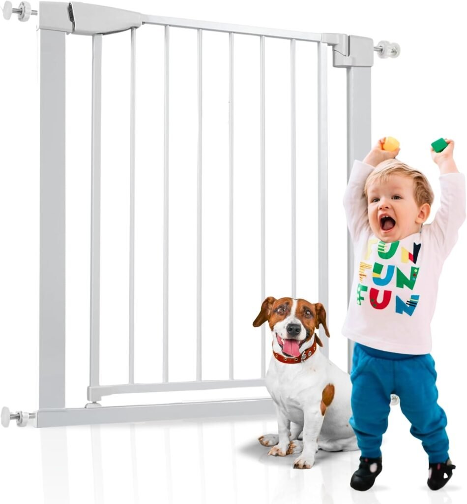ALMAR Baby Safety Gate 67-74 cm White | Easy Assembly without Screws for Doors, Hallways or Stairs for Children or Pets | White Fence with Automatic Locking System Turn Both Sides