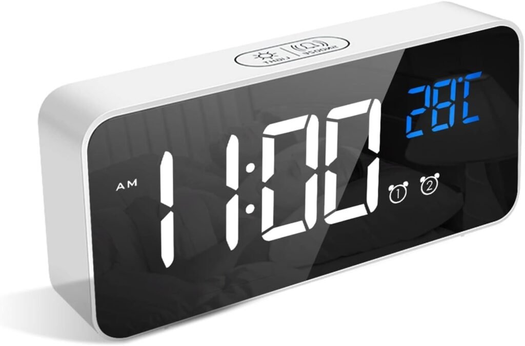 LATEC Alarm Clock, LED Display Digital Alarm Clock with Mirror, Dual Alarm, Temperature, USB Charging Port, 10 Music, 4 Brightness Adjustable, 12/24H(White)