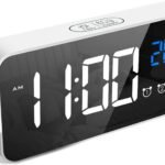 LATEC Alarm Clock, LED Display Digital Alarm Clock with Mirror, Dual Alarm, Temperature, USB Charging Port, 10 Music, 4 Brightness Adjustable, 12/24H(White)