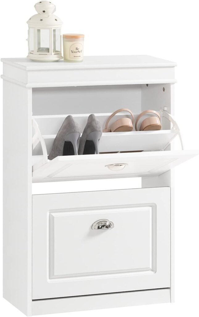 SoBuy Narrow Shoe Rack Entrance Hallway – White Shoe Cabinet with 2 Flaps and Large Capacity – 54 x 24 x 83 cm for Narrow Hallway, Hallway, Bedroom, FSR78-W