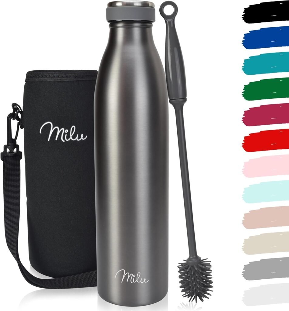Milu Thermos Water Bottle 500 ml, 750 ml, 1 L – Stainless Steel – Double Wall Vacuum Insulation – BPA Free (Grey, 1000 ml)