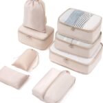 Meowoo 8 in 1 Luggage Organizer Set Waterproof Travel Suitcase Organizer with Shoe Bag, Nylon-Meowoo Material, Beige 8pcs