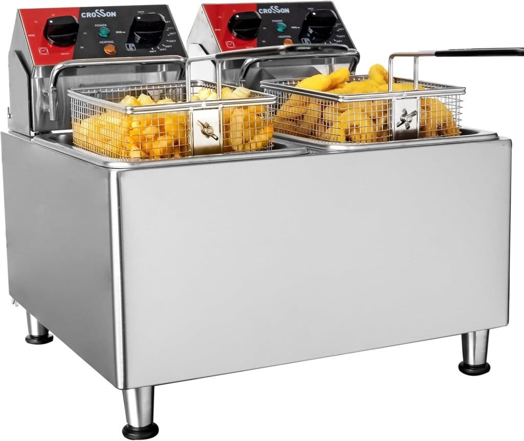 CROSSON Professional Electric Double Fryer 8L, 4000W Stainless Steel Industrial Hostelry Fryer with Basket and Lid, Adjustable Temperature, for Onion Rings Chicken Potato Chips