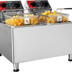 CROSSON Professional Electric Double Fryer 8L, 4000W Stainless Steel Industrial Hostelry Fryer with Basket and Lid, Adjustable Temperature, for Onion Rings Chicken Potato Chips