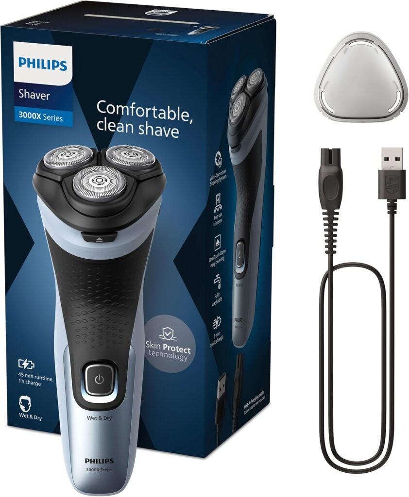 Philips X3000 Series Men's Electric Shaver, Beard Shaver with Clipper, 27 Blades, Skin Care, 45min Use, Wet and Dry, Rechargeable, X3053/00, Blue