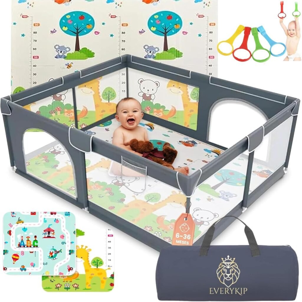 EveryKip Children's Playpen 120 x 120 cm Beige + Floor Mat + Rings + Carry Bag Baby Playpen Foldable Breathable Mesh Baby Playpen