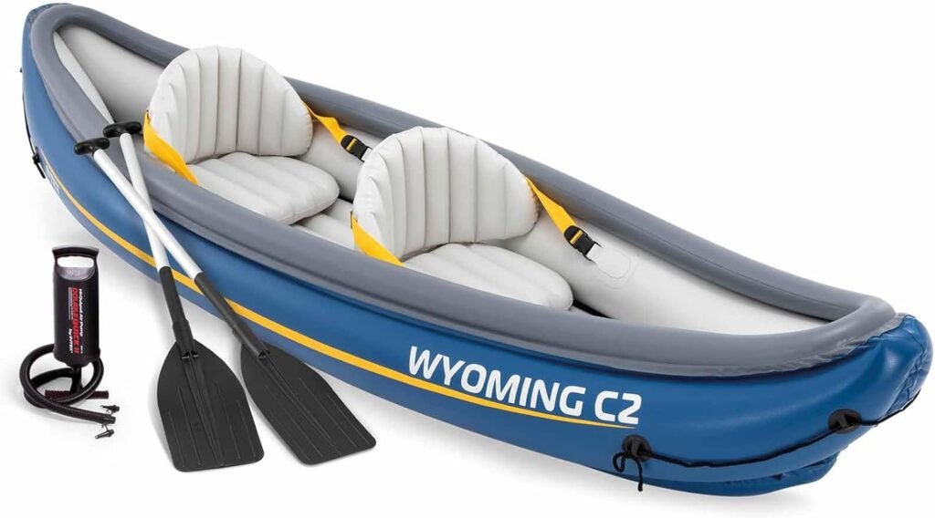 Intex Inflatable Canoe 2 Seater 89 x 307 x 53 cm, Maximum Weight 180 kg, Adjustable Inflatable Seat with Backrest, Inflation Pump, 2 Paddles, Tie Rope, Removable Keel and Carry Bag (68389)