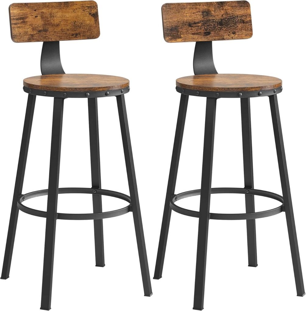 VASAGLE High Bar Stool, Set of 2, Kitchen Stool, with Back, Steel Frame, Seat Height 73.5 cm, Easy Assembly, Industrial Style, Rustic Brown and Black Ink LBC026B01V1
