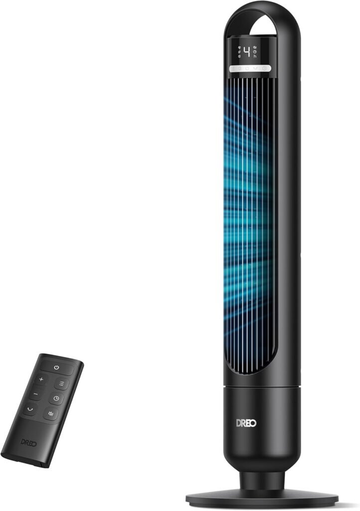 Dreo Silent Tower Fan 23dB, 9.8m Range, 4 Speed Levels, 3 Operating Modes, 8 Hour Timer, 90° Oscillation, Ideal for Bedrooms and Offices, Black