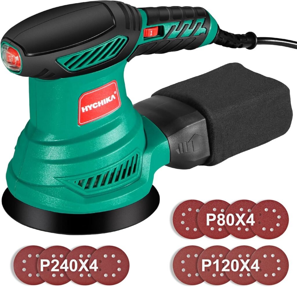HYCHIKA Orbital Sander 300W, Pure Copper Motor Rotorbital Sander, 6 Speed, 13000RPM, 12PCS 125mm Sandpaper (240/120/80 Grit), with Washable Collection Pocket, for Sanding Wood and Metal