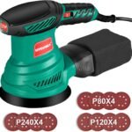 HYCHIKA Orbital Sander 300W, Pure Copper Motor Rotorbital Sander, 6 Speed, 13000RPM, 12PCS 125mm Sandpaper (240/120/80 Grit), with Washable Collection Pocket, for Sanding Wood and Metal
