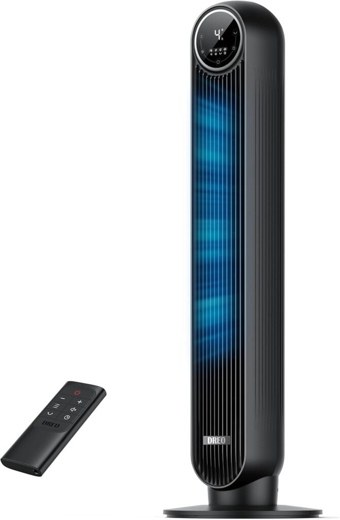 Dreo 20dB Silent Standing Fan, Tower Fans with Speed of 7.6m/s, 4 Speeds, 90° Rotation, 8 Hour Timer, LED Display and Remote Control Included. Black