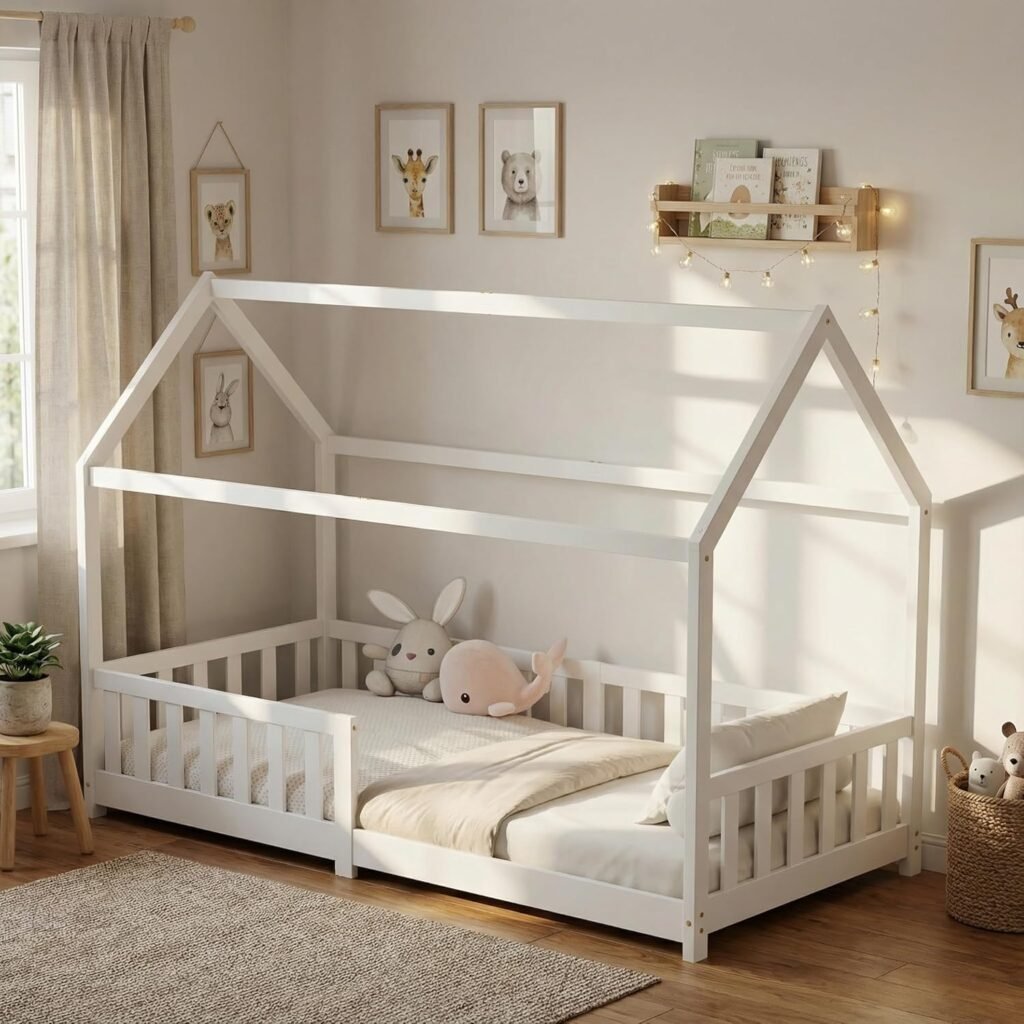 ecomi Children's Bed with Fall Protection and Slatted Base, Cot Bed 90 x 200/80 x 160 cm in White/Natural for Children - Cot 90 x 200 / 80 x 160 cm (White, 90 x 200)