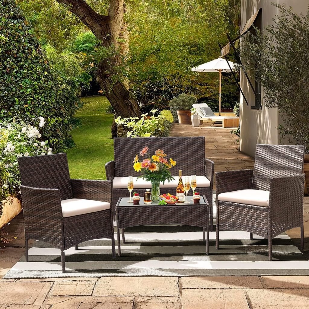 Rattan Outdoor Garden Furniture Set for 4 People 4 Pieces Set 2 Armchairs, 1 Double Seat Sofa and 1 Table Garden Set for Patio Outdoor Terrace Brown