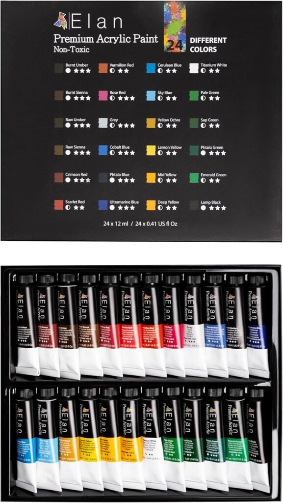 Elan 12ml Professional Acrylic Paint Set, 24 Rich Colors, Non-Toxic for Canvas and Crafts