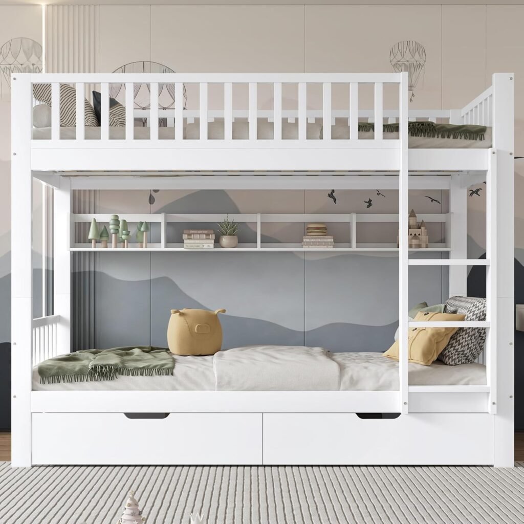 Children's Bed, Bunk Bed for Children 90 x 200, Double Bunk Bed with 2 Drawers and Ladder, Converts into Two Single Beds, Loft Bed with Fall Protection and Box Spring, White, Without Mattress