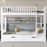 Children's Bed, Bunk Bed for Children 90 x 200, Double Bunk Bed with 2 Drawers and Ladder, Converts into Two Single Beds, Loft Bed with Fall Protection and Box Spring, White, Without Mattress