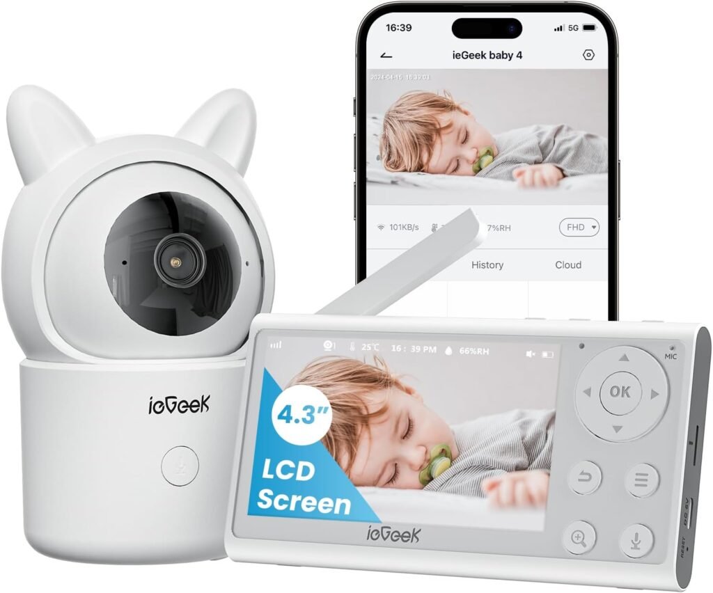 ieGeek Baby Surveillance Camera 360º Type-C 1080P Baby Monitor with Camera, 4.3" 3000mAh LCD Screen, Remote App, 4X, Dual Voice, Auto Tracking, Motion and Noise Detection, Pets, Elderly