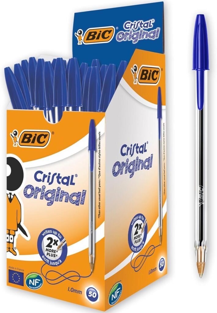 BIC Glass Pens, Original, Optimal for School Supplies, Blue, Medium Point (1 mm), Office Supplies and Paper, Box of 50 Pens