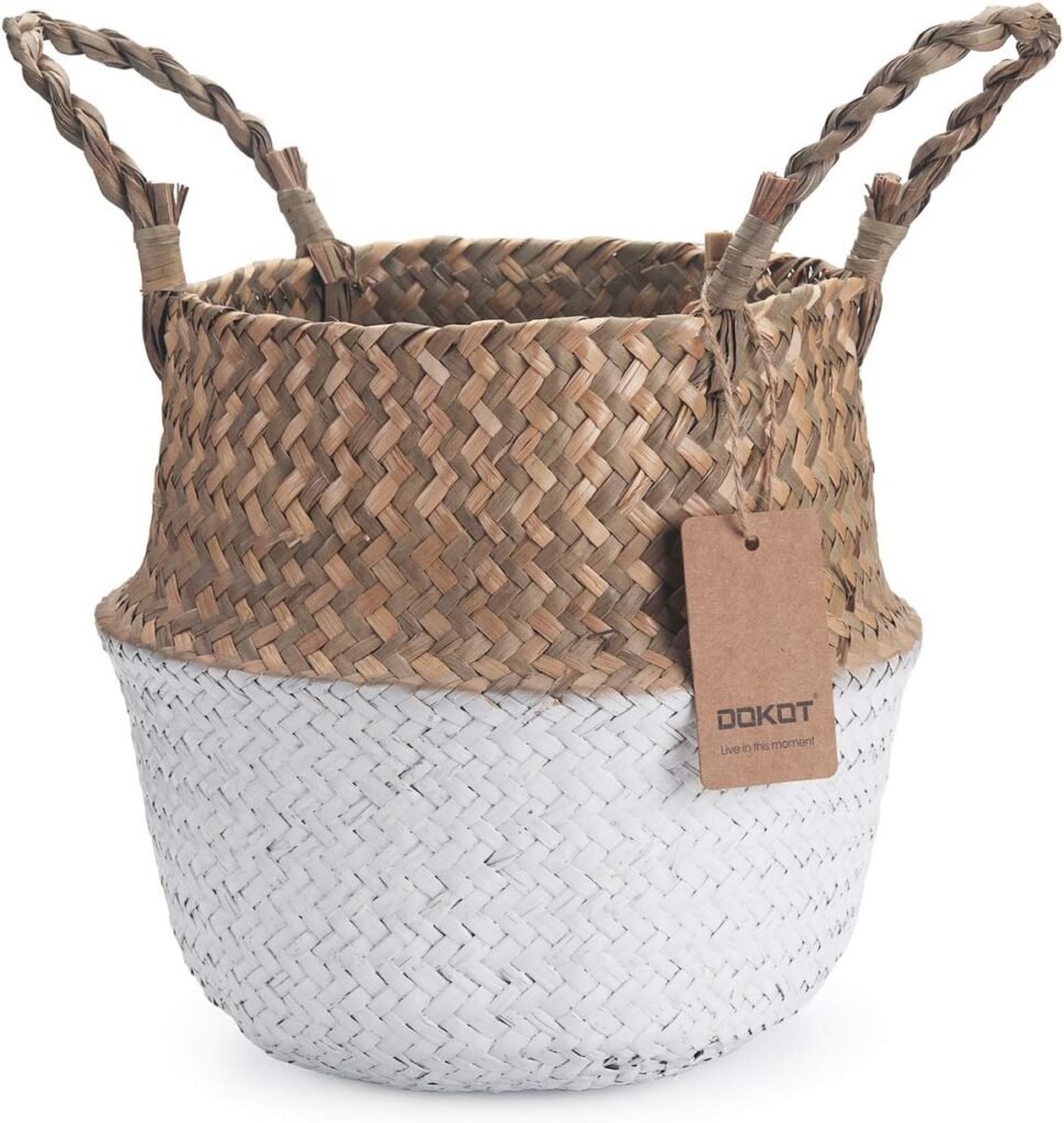 Wicker Basket Decoration Natural Basket for Plants Storage Seagrass Pots (White)