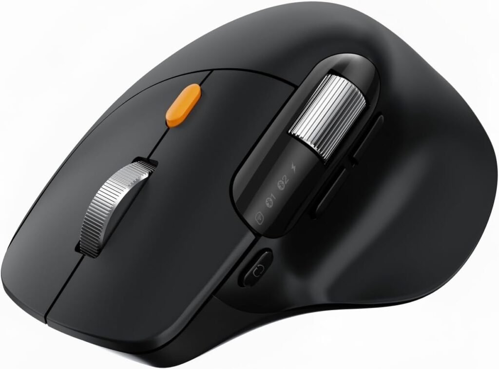 ProtoArc Raton Ergonomico con Desplazamiento Ultrarrápido, EM25 Raton Inalambrico Bluetooth con 3 Puertos de Dispositivo, Desplazamiento Lateral,Botón Programable, Recargable, 8K DPI - Negro