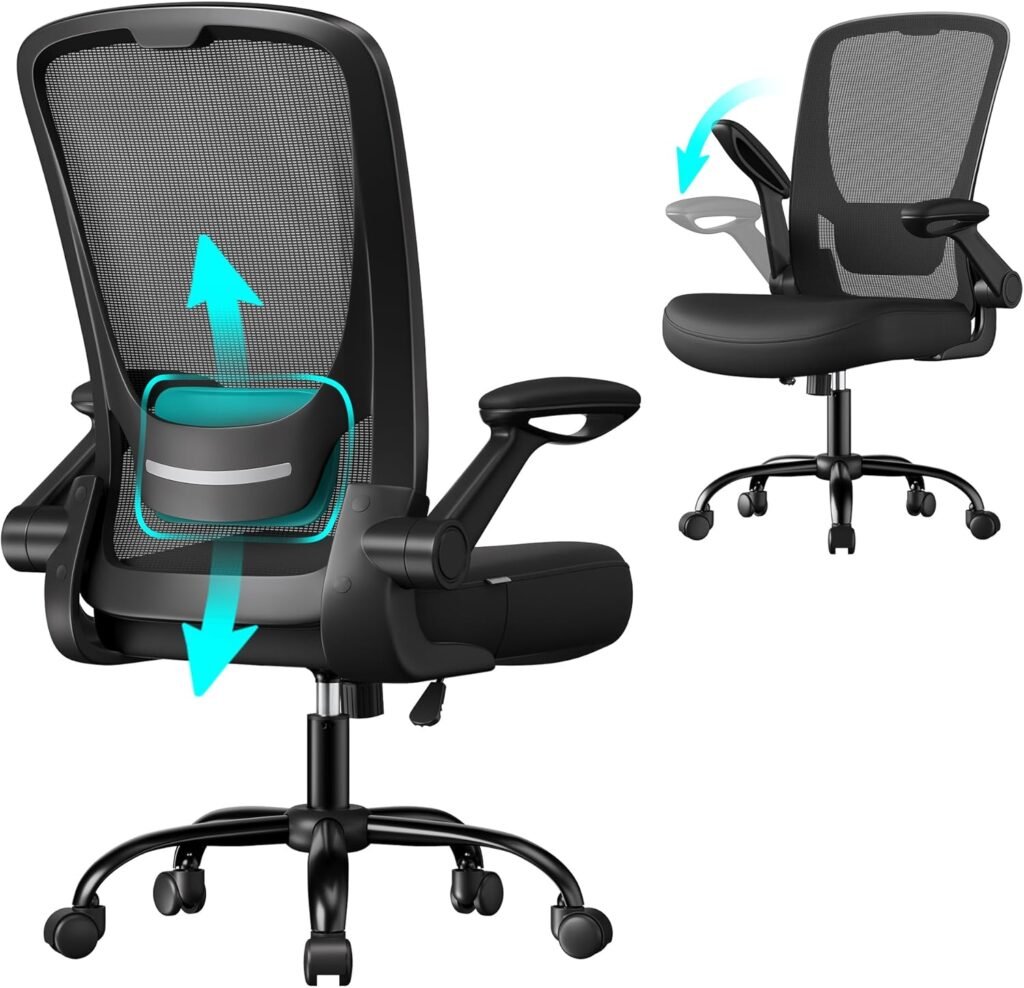 SONGMICS Office Chair, Mesh Desk Chair, Ergonomic Swivel Chair, Lumbar Support, Oscillating, 53 cm Seat, Flip-up Armrests, Black OBN037BKV2
