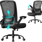 SONGMICS Office Chair, Mesh Desk Chair, Ergonomic Swivel Chair, Lumbar Support, Oscillating, 53 cm Seat, Flip-up Armrests, Black OBN037BKV2