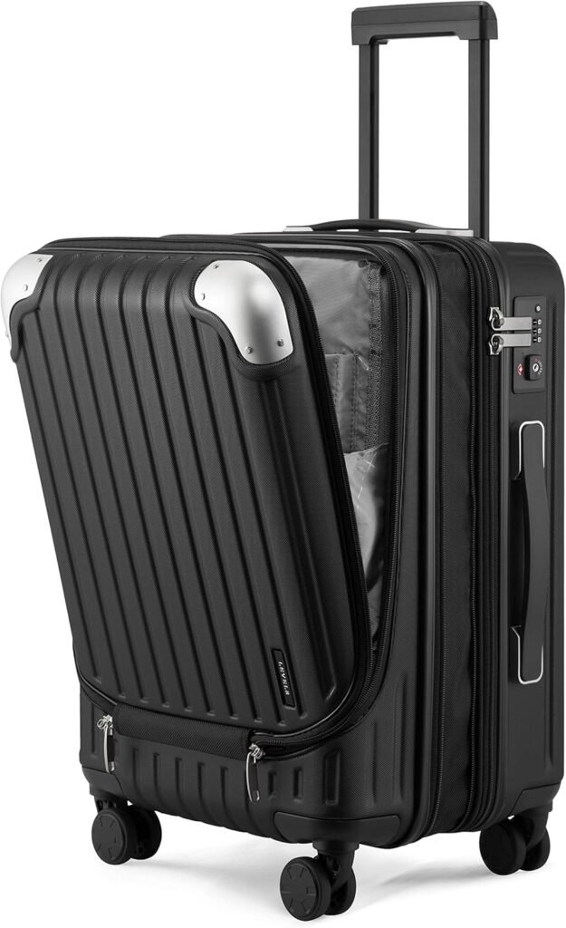 LEVEL8 Expandable Cabin Suitcase ABS+PC Hand Luggage Trolley Rigid Lightweight Travel Suitcases with 4 Double Wheels 360º Swivel and TSA Lock, 55x37x25CM, 42L, Black