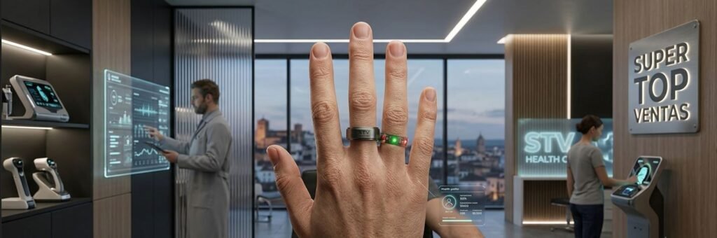 Anillo inteligente de titanio en mano en vista panorámica mostrando sensores biométricos LED activados