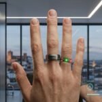 Anillo inteligente de titanio en mano en vista panorámica mostrando sensores biométricos LED activados