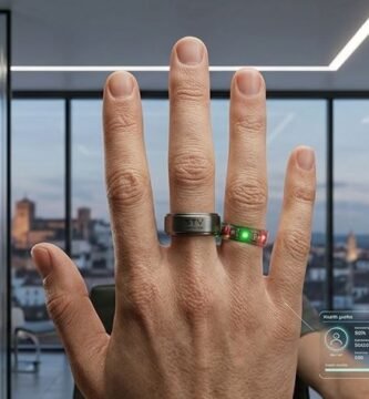 Anillo inteligente de titanio en mano en vista panorámica mostrando sensores biométricos LED activados